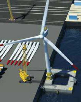 L'assemblage à quai de l’éolienne sur son flotteur avant remorquage